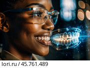 New digital artificial intelligence technologies in dental prosthetics. Implants. A black female dentist with a perfect smile and digital dental graphics on a virtual screen. The concept of dental health and dental care. Стоковое AI-изображение, AI-художник Photojuli / Фотобанк Лори