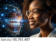 New digital artificial intelligence technologies in dental prosthetics. Implants. A black female dentist with a perfect smile and digital dental graphics on a virtual screen. The concept of dental health and dental care. Стоковое AI-изображение, AI-художник Photojuli / Фотобанк Лори