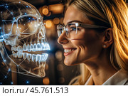 New digital artificial intelligence technologies in dental prosthetics. Implants. A female dentist with a perfect smile and digital dental graphics on a virtual screen. The concept of dental health and dental care. Стоковое AI-изображение, AI-художник Photojuli / Фотобанк Лори