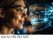 New digital artificial intelligence technologies in dental prosthetics. Implants. A female dentist with a perfect smile and digital dental graphics on a virtual screen. Стоковое AI-изображение, AI-художник Photojuli / Фотобанк Лори
