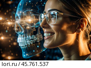 New digital artificial intelligence technologies in dental prosthetics. Implants. A female dentist with a perfect smile and digital dental graphics on a virtual screen. Стоковое AI-изображение, AI-художник Photojuli / Фотобанк Лори