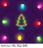 Ёлка и гирлянда в неоновом стиле. The fir tree and garland in neon style. Стоковая иллюстрация, иллюстратор Ирина Щербакова / Фотобанк Лори