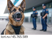 Customs dog at the airport in front of the customs guards. Стоковое AI-изображение, AI-художник Евгений Харитонов / Фотобанк Лори