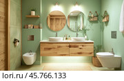 Modern green bathroom interior with wooden vanity and double sinks showing biophilic design. Стоковое AI-изображение, AI-художник Юрий Поздников / Фотобанк Лори