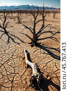 Scene of dead trees on dry cracked desert earth, skyline panoramic view. Scenery drought, water crisis and world climate change. Global geology earth ecology problem concept. Copy ad text space. Стоковое AI-изображение, AI-художник Aleksandr Golubev / Фотобанк Лори