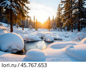 Восход солнца. Зимний пейзаж с незамерзающим ручьем. Sunrise. Winter landscape with unfrozen stream. Стоковое AI-изображение, AI-художник Гер Олег / Фотобанк Лори