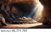 Resurrection Of Jesus Christ - Empty Tomb - Focus On Shroud And Defocused Crosses On Background With flare Lights Effects. Стоковое AI-изображение, AI-художник Терехова Марина / Фотобанк Лори