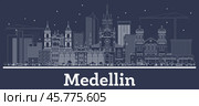 Outline Medellin Colombia City Skyline with White Buildings. Стоковая иллюстрация, иллюстратор Игорь Сорокин / Фотобанк Лори