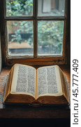 Antique book rests on wooden table in cozy library filled with shelves of classic literature. Стоковое AI-изображение, AI-художник Юлия Гапеенко / Фотобанк Лори
