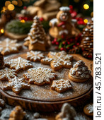 Christmas gingerbread comes in a variety of shapes, from traditional circles and squares to complex silhouettes of snowmen, trees and animals. Стоковое AI-изображение, AI-художник Сергей Елизарьев / Фотобанк Лори