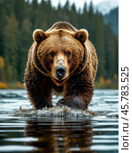 Brown bear hunts salmon in a taiga river, which goes to spawn. Стоковое AI-изображение, AI-художник Сергей Елизарьев / Фотобанк Лори