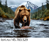 Brown bear hunts salmon in a taiga river, which goes to spawn. Стоковое AI-изображение, AI-художник Сергей Елизарьев / Фотобанк Лори