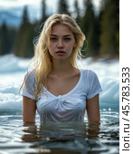 A beautiful girl takes a dip in an ice hole. Epiphany bathing is a tradition associated with the feast of the Epiphany of the Lord, which the Orthodox world celebrates on January 19. Стоковое AI-изображение, AI-художник Сергей Елизарьев / Фотобанк Лори