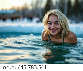 A beautiful girl takes a dip in an ice hole. Epiphany bathing is a tradition associated with the feast of the Epiphany of the Lord, which the Orthodox world celebrates on January 19. Стоковое AI-изображение, AI-художник Сергей Елизарьев / Фотобанк Лори