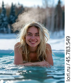 A beautiful girl takes a dip in an ice hole. Epiphany bathing is a tradition associated with the feast of the Epiphany of the Lord, which the Orthodox world celebrates on January 19. Стоковое AI-изображение, AI-художник Сергей Елизарьев / Фотобанк Лори