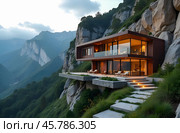 Modern resort, staggering and embedded into the side of a mountain. Стоковое AI-изображение, AI-художник Галина Эмберг / Фотобанк Лори