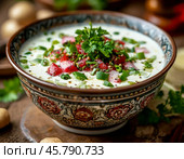 May 30 is one of the gastronomic holidays — Okroshka Day. Okroshka is one of the most popular summer dishes, a traditional dish of Russian cuisine. Стоковое AI-изображение, AI-художник Сергей Елизарьев / Фотобанк Лори
