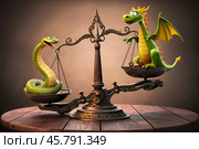 The symbol of 2025, the green snake, and the symbol of the outgoing 2024, the dragon, on old vintage scales find out who is more important. Стоковое AI-изображение, AI-художник Сергей Комаров / Фотобанк Лори