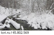 Video of winter landscape with non-freezing river Oda into which natural springs and sources flow. Snow-covered hilly river bank and forest. Winter travels and walks in nature. Стоковое видео, видеограф Виктория Катьянова / Фотобанк Лори