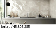Modern kitchen interior design featuring stylish geometric backsplash tiles. Стоковое AI-изображение, AI-художник Юрий Поздников / Фотобанк Лори