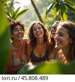 Friends celebrate summer getaway in lush tropical setting with laughter and smiles amidst vibrant greenery. Tropics are climatic zones of Earth in which Sun is at its zenith at least once year. AI. Стоковое AI-изображение, AI-художник Юлия Петровская / Фотобанк Лори