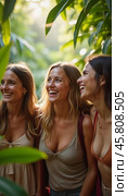 Friends celebrate summer getaway in lush tropical setting with laughter and smiles amidst vibrant greenery. Tropics are climatic zones of Earth in which Sun is at its zenith at least once year. AI. Стоковое AI-изображение, AI-художник Юлия Петровская / Фотобанк Лори