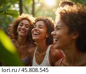 Friends celebrate summer getaway in lush tropical setting with laughter and smiles amidst vibrant greenery. Tropics are climatic zones of Earth in which Sun is at its zenith at least once year. AI. Стоковое AI-изображение, AI-художник Юлия Петровская / Фотобанк Лори
