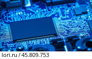 Microelectronics circuit board with integrated processor chip, modern technology, blue printed circuits, electronic components, high-tech background, engineering design, close-up view. Стоковое AI-изображение, AI-художник Павел Муравьев / Фотобанк Лори