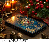 Deck of tarot cards. Tarot cards are a deck of cards used since the mid-14th century in various parts of Europe for playing card games (Italian tarocchi, French tarot and Austrian Königrufen), many of which are still played today. Since the late 18th century, tarot cards have also been used for fortune telling. Стоковое AI-изображение, AI-художник Сергей Елизарьев / Фотобанк Лори