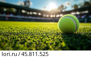 Roger Federer competes in an intense match during a Grand Slam tournament on a sunny day. Стоковое AI-изображение, AI-художник Юлия Гапеенко / Фотобанк Лори