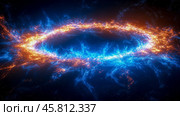 Energy shock wave: a blue shockwave that spreads from the center point, illuminating the entire black background. Стоковое AI-изображение, AI-художник Ирина Ручушкина / Фотобанк Лори