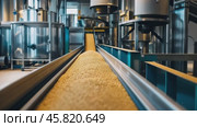 Grain processing plant. Close-up of conveyor belt carrying grains in a factory setting. Wheat kernels in a food production facility. Agricultural industry. Industrial machines processing grains. Стоковое AI-видео, аниматор Марина Демидюк / Фотобанк Лори