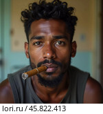 A young man residing in Cuba smokes a cigar while looking directly at the viewer, showcasing a unique hairstyle and a calm demeanor in a vibrant environment. Generative AI. Стоковое AI-изображение, AI-художник Юлия Петровская / Фотобанк Лори