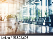 Bright interior of a business office with glass partitions in blurred bokeh background style. Shallow depth of field. Стоковое AI-изображение, AI-художник Михаил Строгалев / Фотобанк Лори