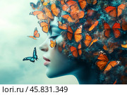 Woman envisioning a vibrant world of butterflies in a dreamlike atmosphere. Стоковое AI-изображение, AI-художник Юлия Гапеенко / Фотобанк Лори