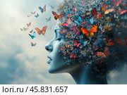 Woman envisioning a vibrant world of butterflies in a dreamlike atmosphere. Стоковое AI-изображение, AI-художник Юлия Гапеенко / Фотобанк Лори