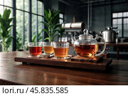 Collection of variety ceylon teas on wooden table in meeting room at manufacturing plant on tea factory, still life. Demonstration perfect tea set, close-up. Tea production concept. Copy ad text space. Стоковое AI-изображение, AI-художник Aleksandr Golubev / Фотобанк Лори