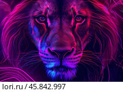 Majestic lion emerging from vibrant neon lights in digital artwork. Стоковое AI-изображение, AI-художник Иван Рябоконь / Фотобанк Лори