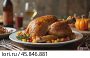 Large roasted turkey is on a white plate with a variety of vegetables. Стоковое AI-видео, аниматор Sergey Grishin / Фотобанк Лори