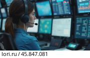 Professional Woman Monitors Multiple Screens in a High-Tech Control Room During a Busy Work Shift. Стоковое AI-видео, аниматор Sergey Grishin / Фотобанк Лори