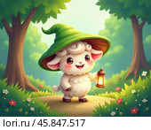 Милая овечка с фонариком в лесу, Овечка-путешественница с волшебным фонарем, Сказочная овечка в зеленой шляпе, Мультяшная овечка с фонарем в лесу, Иллюстрация овечки для детской книги. Стоковое AI-изображение, AI-художник Сергей Расторгуев / Фотобанк Лори