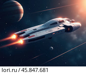 Футуристический космический корабль в межзвездном пространстве, Белый космолет с красными лазерными лучами, Исследование космоса, Полет к далеким планетам, Межзвездное путешествие, Космический корабль будущего, Красные лучи из двигателя космического корабля, Полет сквозь звездное небо. Стоковое AI-изображение, AI-художник Сергей Расторгуев / Фотобанк Лори