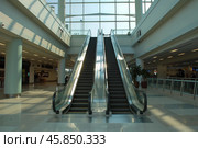 Empty escalators leading up in modern building. Стоковое AI-изображение, AI-художник Иван Рябоконь / Фотобанк Лори