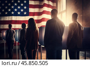 American citizens voting in booths with usa flag. Стоковое AI-изображение, AI-художник Иван Рябоконь / Фотобанк Лори