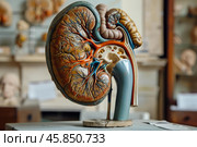 Anatomical model of human kidney showing blood vessels. Стоковое AI-изображение, AI-художник Иван Рябоконь / Фотобанк Лори