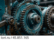 Close up view of old industrial machine with rusty gears operating. Стоковое AI-изображение, AI-художник Иван Рябоконь / Фотобанк Лори