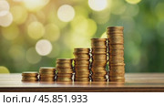 Rise in Coins Illustrates Financial Growth With Lush Backdrop Showing Opportunities and Prosperity. Стоковое AI-видео, аниматор Sergey Grishin / Фотобанк Лори