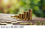 Stacked Gold Coins Shining Under Sunlight in a Lush Green Setting Promoting Financial Growth and Investment Strategies. Стоковое AI-видео, аниматор Sergey Grishin / Фотобанк Лори