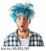 Shocked man with messy blue hair expressing surprise on white background. Стоковое AI-изображение, AI-художник Иван Рябоконь / Фотобанк Лори