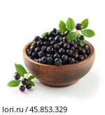 Freshly picked huckleberries filling a wooden bowl, accompanied by myrtle twigs. Стоковое AI-изображение, AI-художник Иван Рябоконь / Фотобанк Лори
